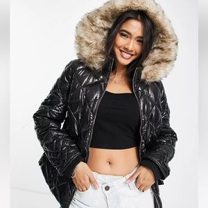River Island belted patent quilted padded jacket -US 4